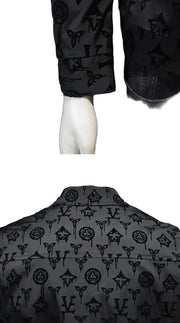 Men’s Black Monogram Flower Jacket – Slim Fit Street Luxury Outerwear, Turn-Down Collar, Button-Up Statement Coat