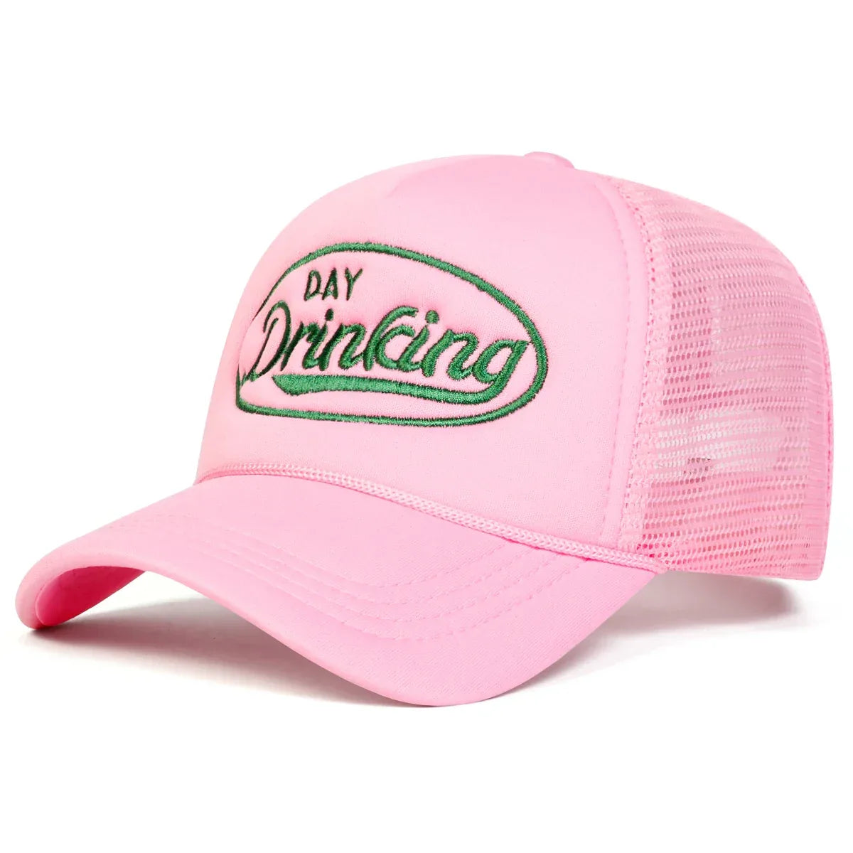 "DAY DRINKING" Trucker Hat - Embroidered Mesh Snapback | Adjustable Unisex Cap for Summer Vibes - Legendary Branding