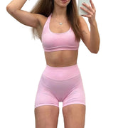 Seamless Yoga Set - 2 Piece Halter Sport Bra & Scrunch Bum Shorts - Breathable Quick-Dry Gym Outfit