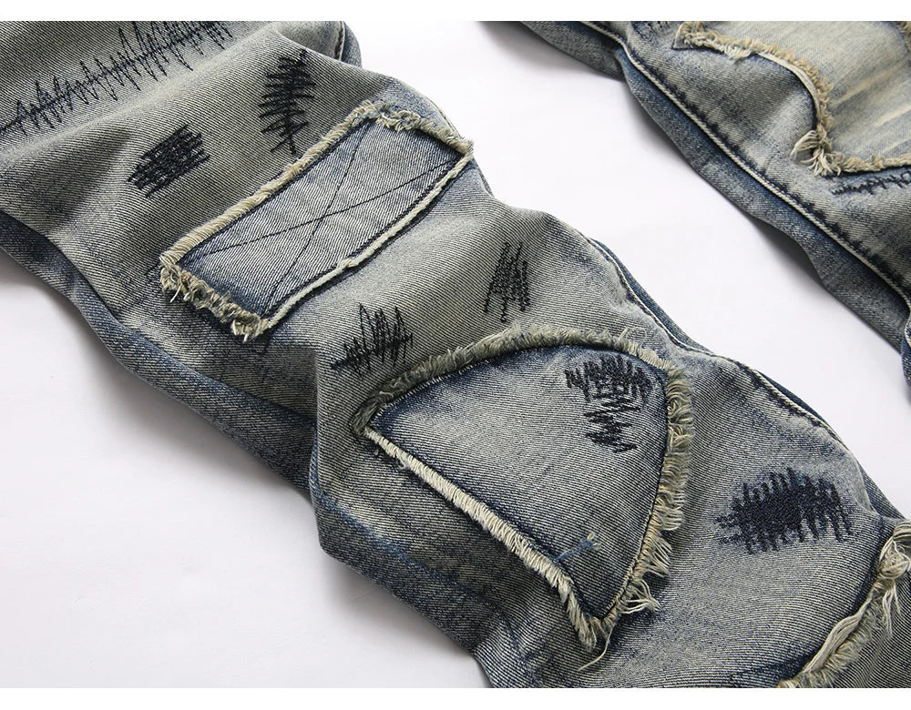 Men’s Bootcut Patchwork Jeans - Vintage Stacked Denim Jeans | Streetwear Embroidery Patched Released Hem Stacked Jeans
