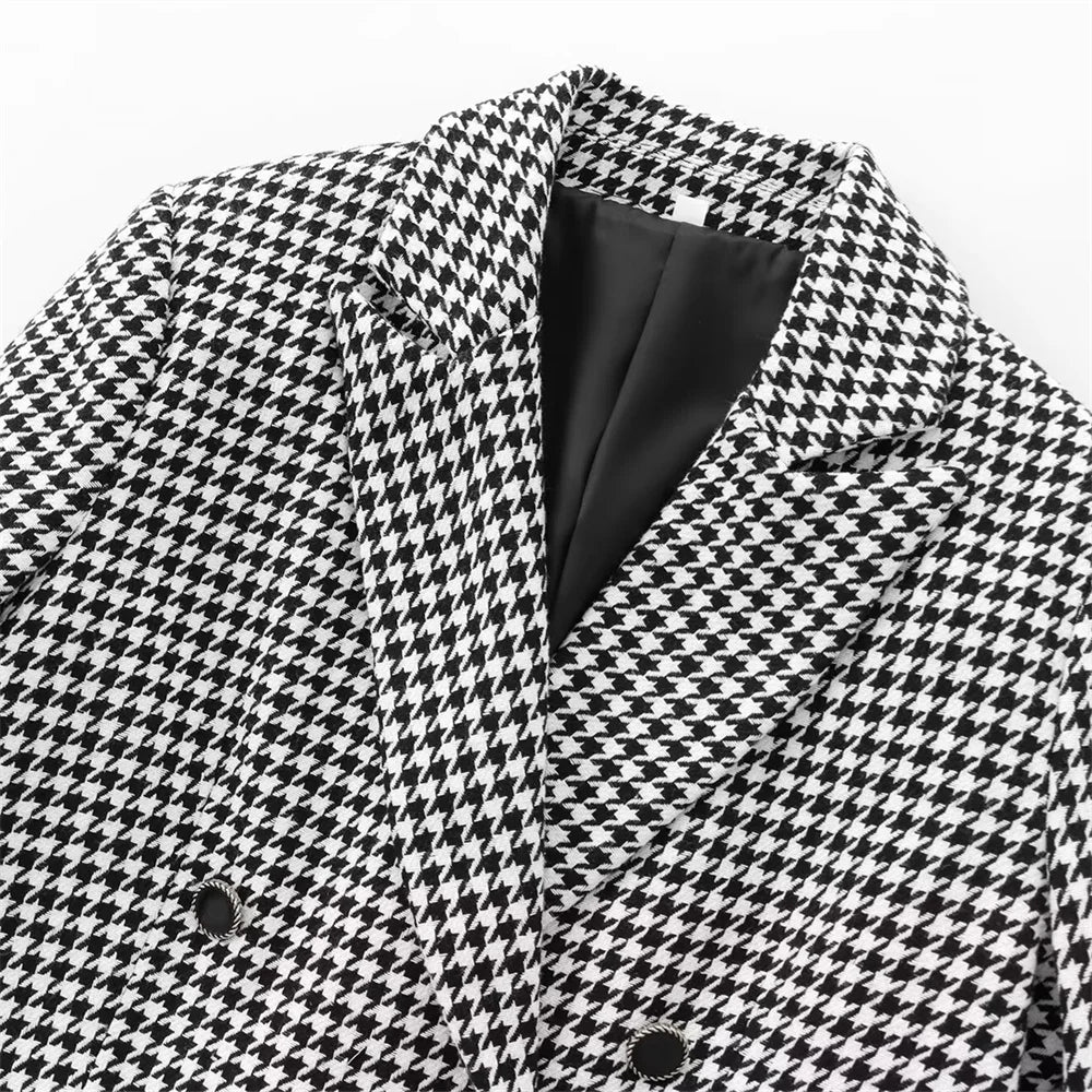 Autumn Thousand Grid Blazer - Women's Long Sleeve Double Breasted Jacket | European Style Casual Suit Coat