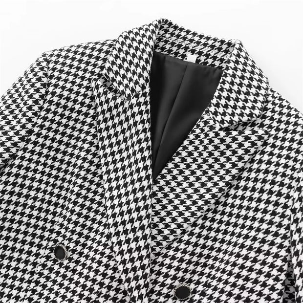 Autumn Thousand Grid Blazer - Women's Long Sleeve Double Breasted Jacket | European Style Casual Suit Coat