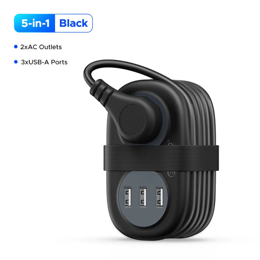 5-in-1 Travel Power Strip – 2 AC Outlets + 3 USB Fast Charging Ports + Type-C, Compact Extension Cord with Surge Protection