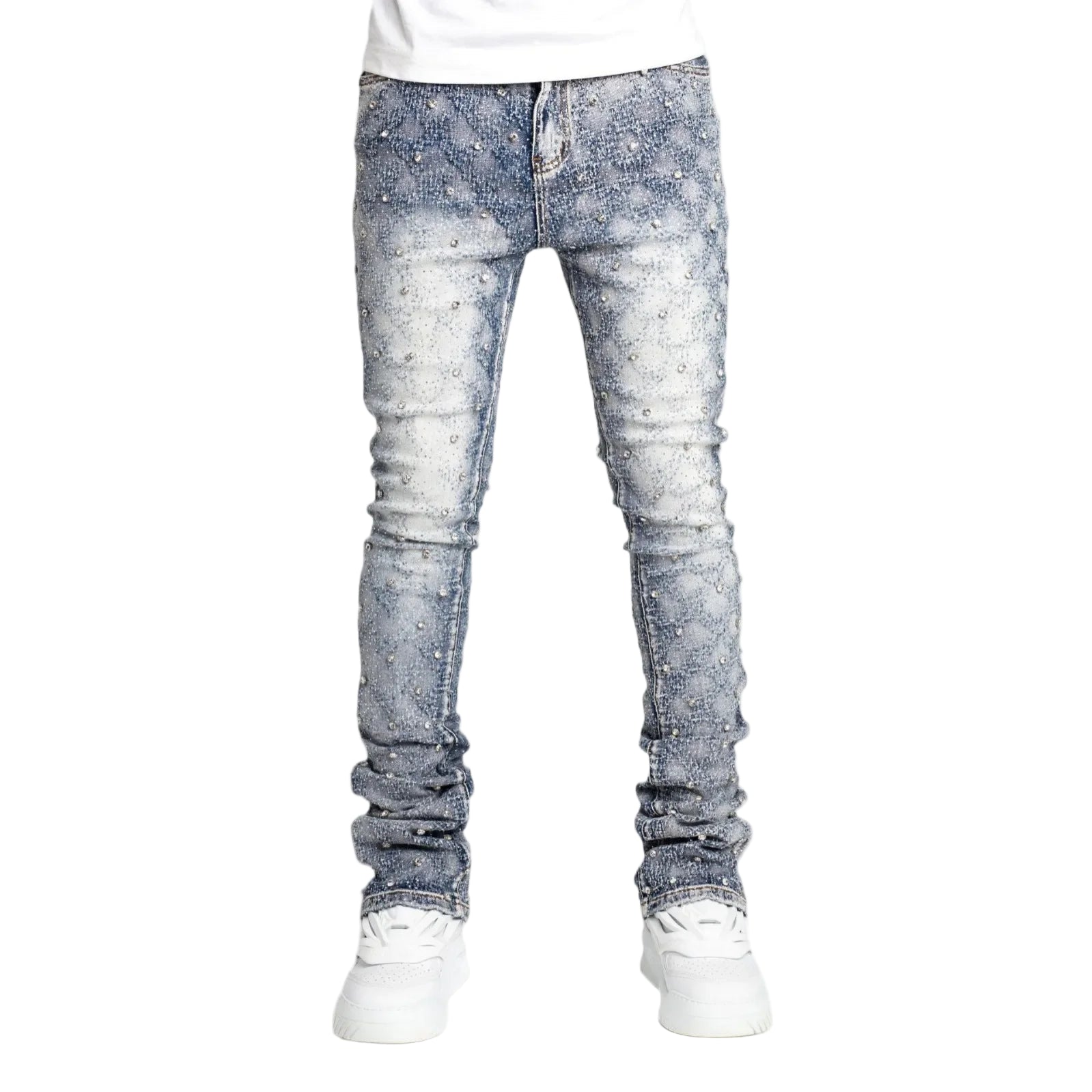 Men's Layered Pearl Stacked Denim Jeans - Straight-Leg Stretch Fit | Fashion Streetwear Stacked Jeans