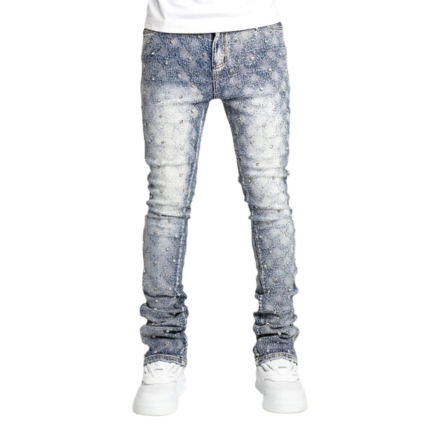 Men's Layered Pearl Stacked Denim Jeans - Straight-Leg Stretch Fit | Fashion Streetwear Stacked Jeans