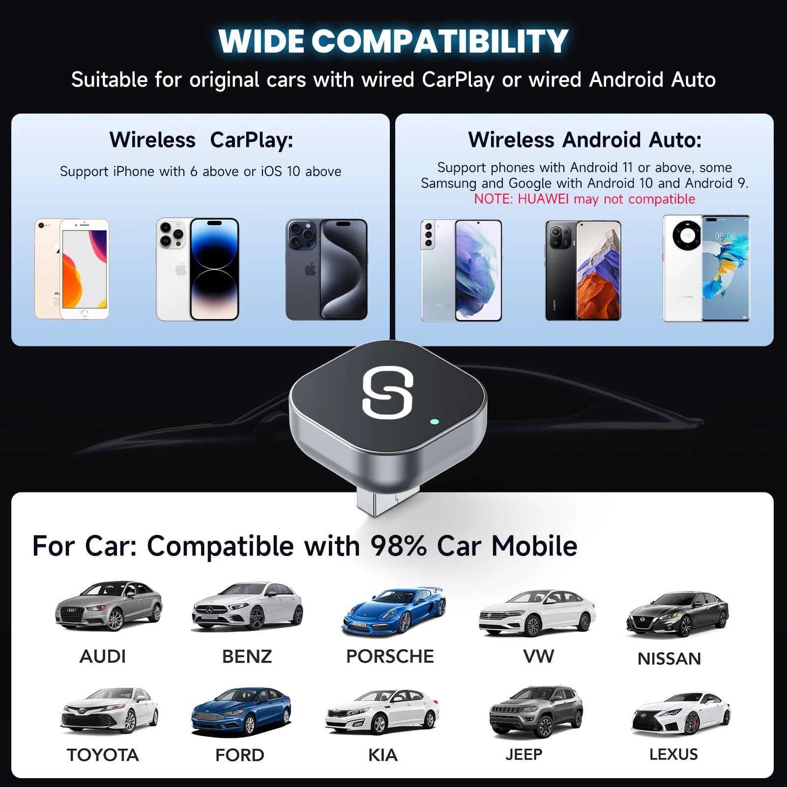 2-in-1 Wireless CarPlay & Android Auto Adapter – Plug & Play, Auto Connect, Converts Wired to Wireless for iPhone & Android (2017+ Cars)