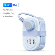 5-in-1 Travel Power Strip – 2 AC Outlets + 3 USB Fast Charging Ports + Type-C, Compact Extension Cord with Surge Protection