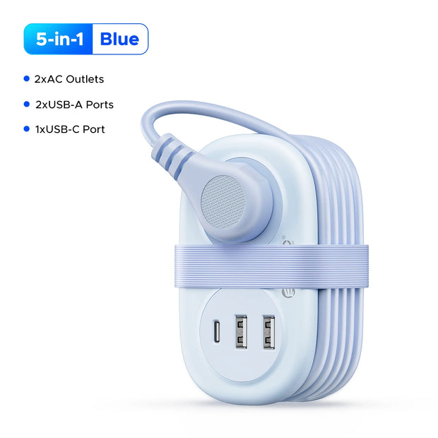 5-in-1 Travel Power Strip – 2 AC Outlets + 3 USB Fast Charging Ports + Type-C, Compact Extension Cord with Surge Protection