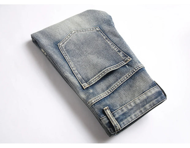 Men’s Bootcut Patchwork Jeans - Vintage Stacked Denim Jeans | Streetwear Embroidery Patched Released Hem Stacked Jeans