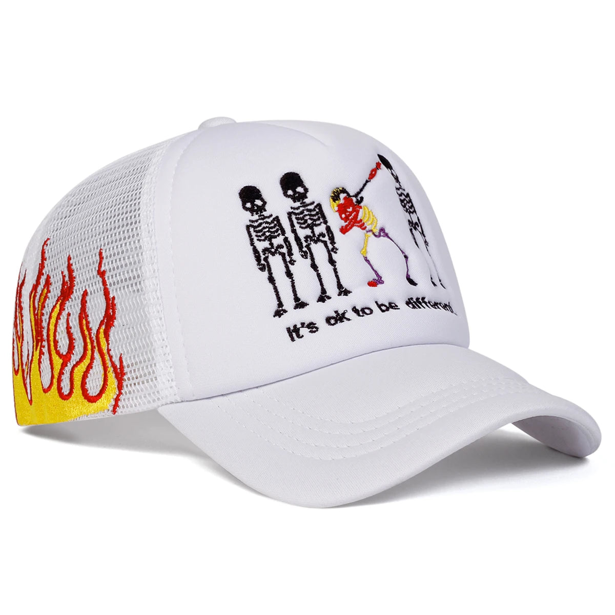 Skeleton Embroidered Flame Trucker Hat - "It’s OK to Be Different" Mesh Cap | Adjustable Summer Snapback