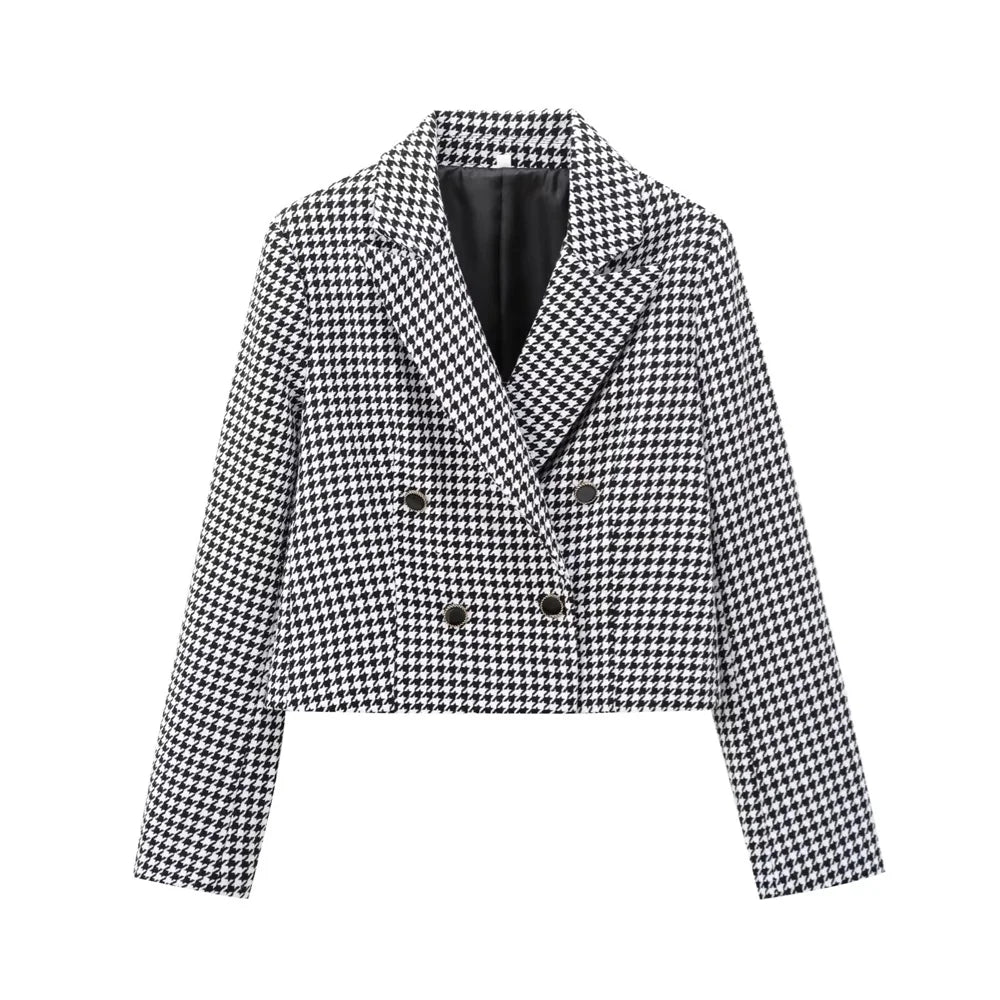 Autumn Thousand Grid Blazer - Women's Long Sleeve Double Breasted Jacket | European Style Casual Suit Coat