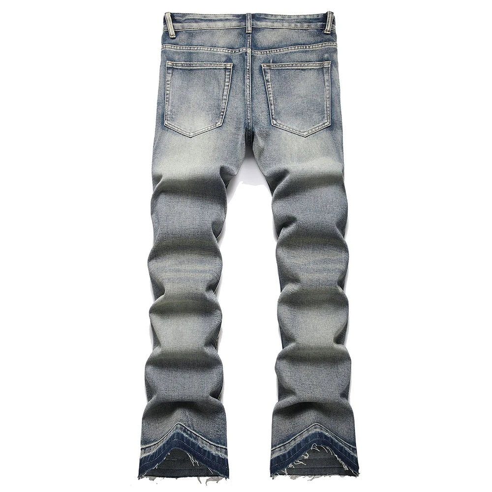 Men’s Bootcut Patchwork Jeans - Vintage Stacked Denim Jeans | Streetwear Embroidery Patched Released Hem Stacked Jeans