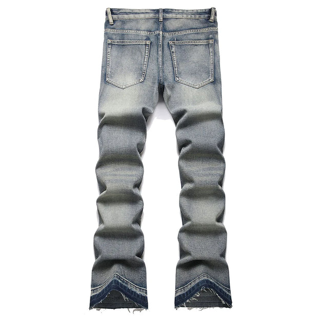 Men’s Bootcut Patchwork Jeans - Vintage Stacked Denim Jeans | Streetwear Embroidery Patched Released Hem Stacked Jeans