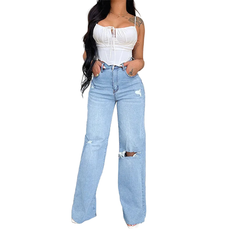 Skycut Denim Pants – High Waist Wide-Leg Jeans, Ankle-Length Streetwear, Women's Baggy Fit Trousers