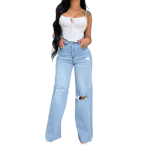 Skycut Denim Pants – High Waist Wide-Leg Jeans, Ankle-Length Streetwear, Women's Baggy Fit Trousers