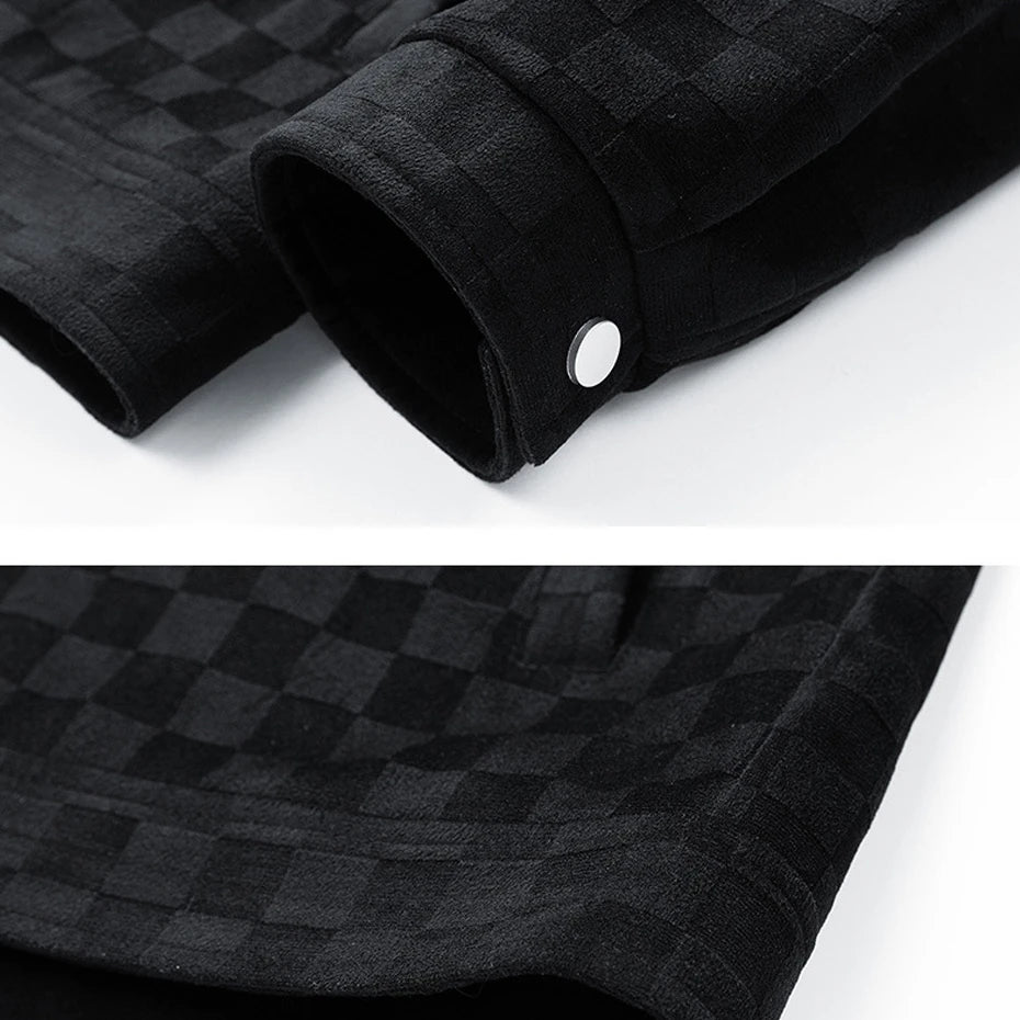 Men’s Black Suede Checkered Jacket – Vintage Streetwear Outerwear, Turn-Down Collar, Button-Up Soft Plaid Jacket