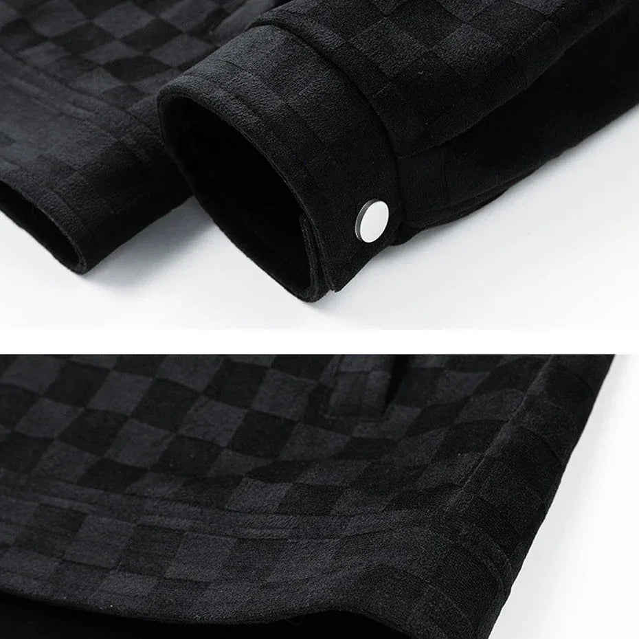 Men’s Black Suede Checkered Jacket – Vintage Streetwear Outerwear, Turn-Down Collar, Button-Up Soft Plaid Jacket - Legendary Branding
