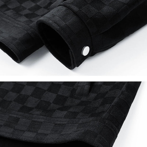 Men’s Black Suede Checkered Jacket – Vintage Streetwear Outerwear, Turn-Down Collar, Button-Up Soft Plaid Jacket