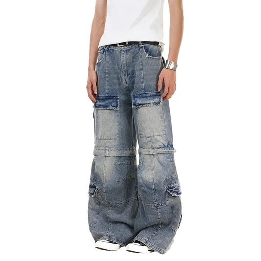 Men’s Wide Leg Denim Jeans – Detachable Baggy Solid Color Deconstruction Loose Fit Streetwear Pants