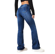 CommuterFlares™ Denim – Mid Waist Streetwear Flare Jeans | Vintage Wash Button-Up Spliced Pants for Women