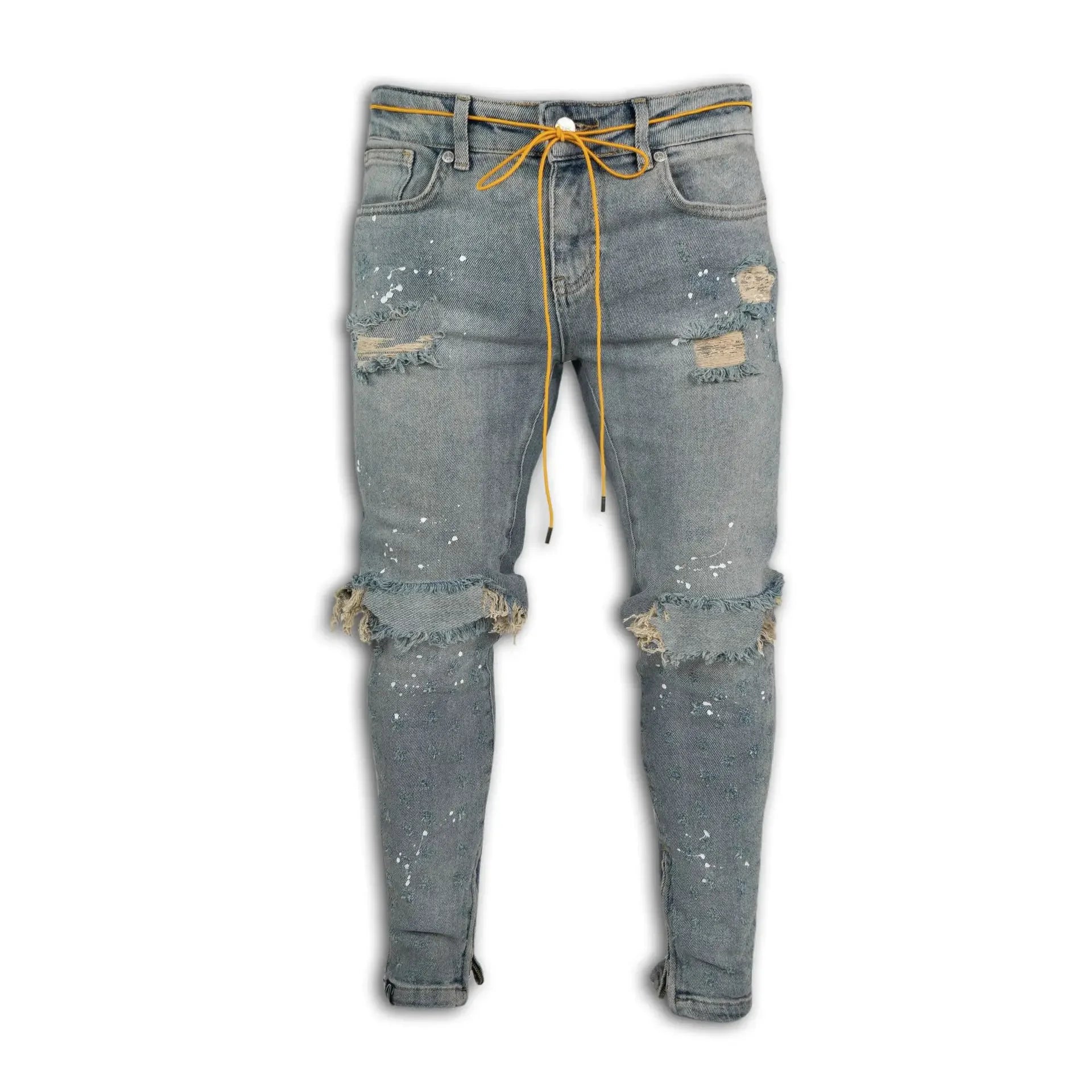 Mens Destroyed Skinny Jeans - Frayed Knee Denim with Zipper Ankles, Paint FX, Streetwear Skinny Streetwear Jeans
