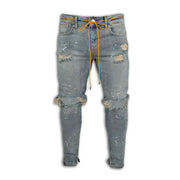 Mens Destroyed Skinny Jeans - Frayed Knee Denim with Zipper Ankles, Paint FX, Streetwear Skinny Streetwear Jeans