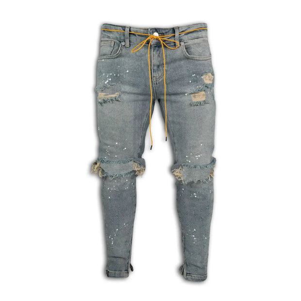 Mens Destroyed Skinny Jeans - Frayed Knee Denim with Zipper Ankles, Paint FX, Streetwear Skinny Streetwear Jeans