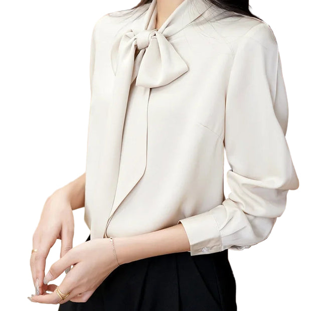 Silk Satin Bow-Tie Blouse - Women’s Long Sleeve Lightweight Sash Shirt | Elegant Spring Top