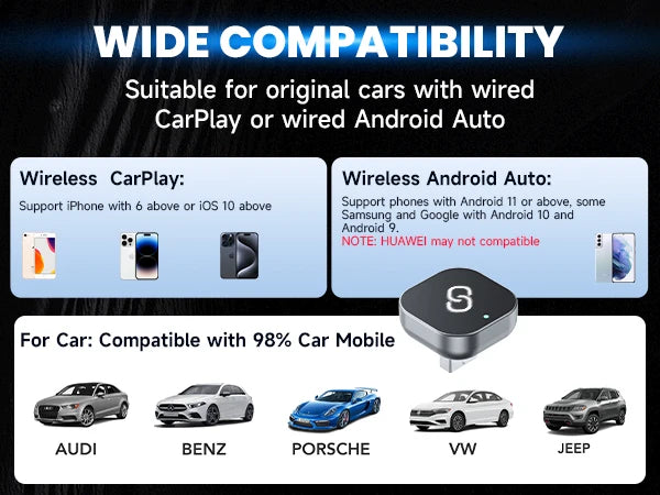 2-in-1 Wireless CarPlay & Android Auto Adapter – Plug & Play, Auto Connect, Converts Wired to Wireless for iPhone & Android (2017+ Cars)