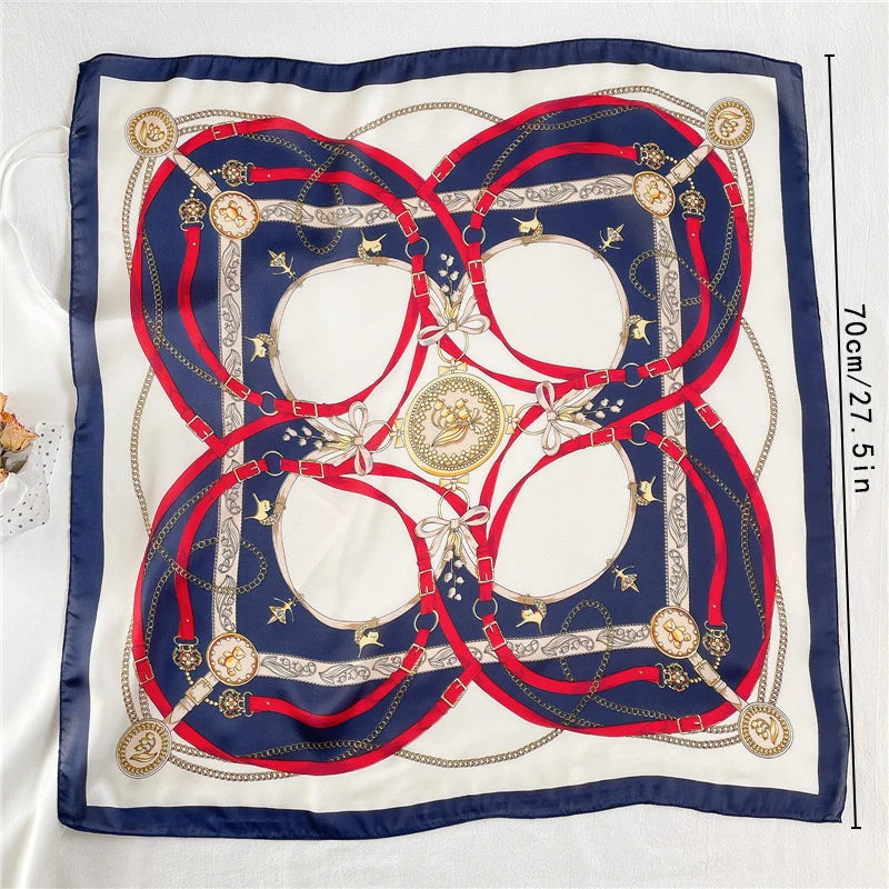 Roman Chain Silk Scarf - 70cm Elegant Simulated Silk Geometric Square Headwear for Women All Seasons