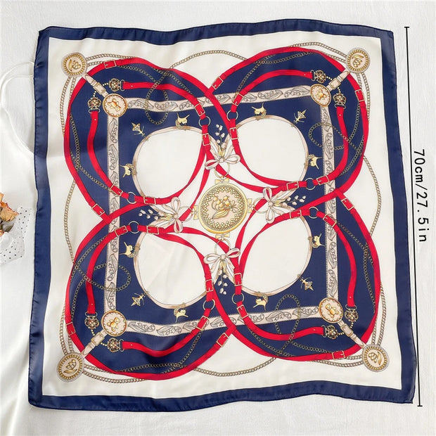 Roman Chain Silk Scarf - 70cm Elegant Simulated Silk Geometric Square Headwear for Women All Seasons