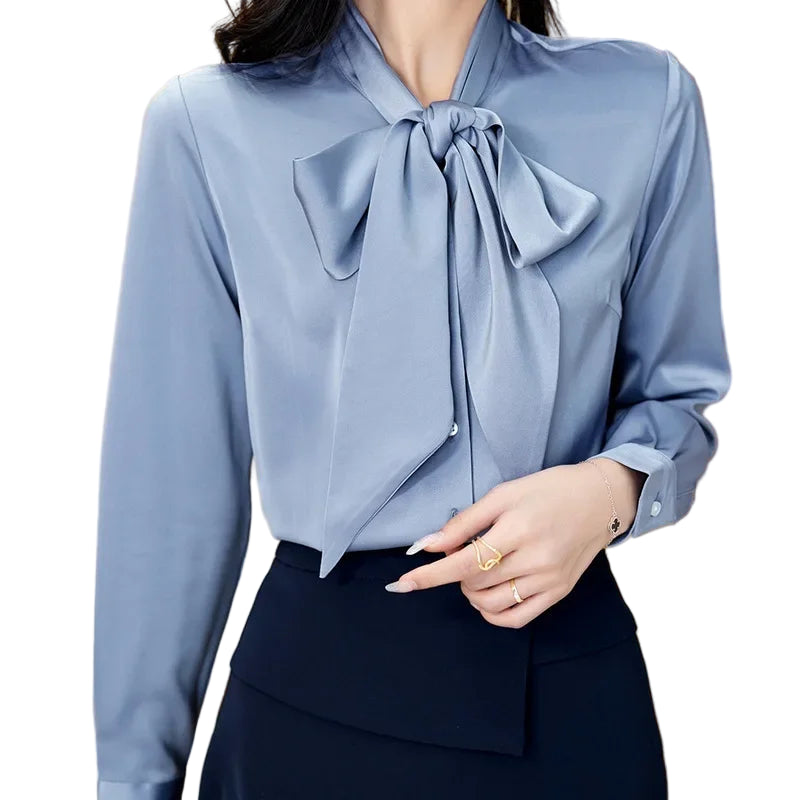 Silk Satin Bow-Tie Blouse - Women’s Long Sleeve Lightweight Sash Shirt | Elegant Spring Top