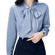 Silk Satin Bow-Tie Blouse - Women’s Long Sleeve Lightweight Sash Shirt | Elegant Spring Top