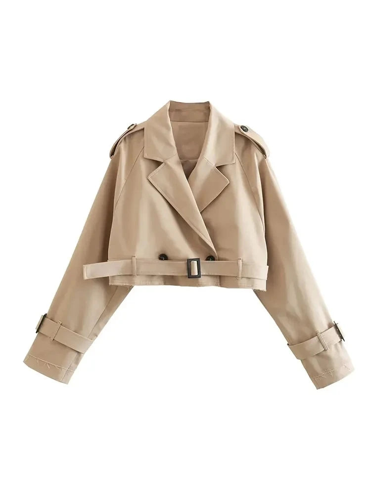 Belted Cropped Trench Jacket - Women’s Vintage Double Breasted Streetwear Coat, Spring Casual Outwear