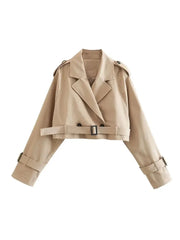 Belted Cropped Trench Jacket - Women’s Vintage Double Breasted Streetwear Coat, Spring Casual Outwear