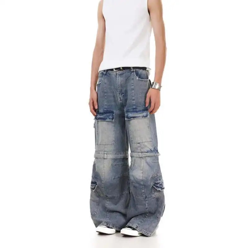 Men’s Wide Leg Denim Jeans – Detachable Baggy Solid Color Deconstruction Loose Fit Streetwear Pants