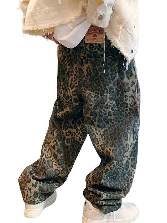 Tan Leopard Jeans – Oversized Wide-Leg Streetwear Pants, Hip Hop Vintage Loose Fit Men’s Denim Trousers