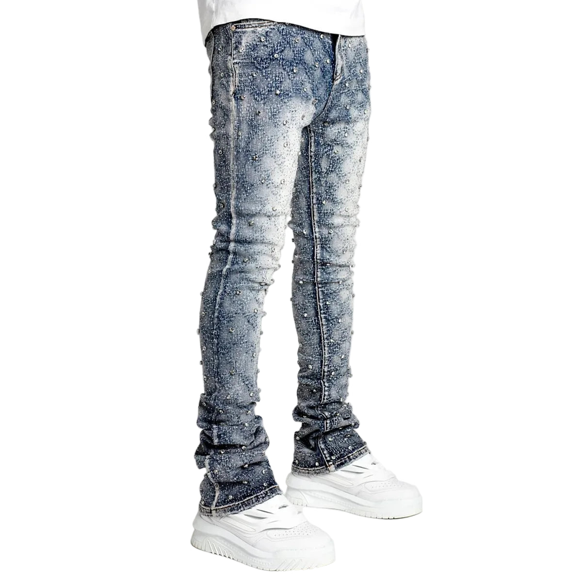 Men's Layered Pearl Stacked Denim Jeans - Straight-Leg Stretch Fit | Fashion Streetwear Stacked Jeans