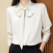 Silk Satin Bow-Tie Blouse - Women’s Long Sleeve Lightweight Sash Shirt | Elegant Spring Top