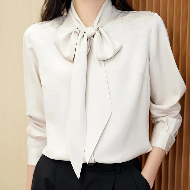 Silk Satin Bow-Tie Blouse - Women’s Long Sleeve Lightweight Sash Shirt | Elegant Spring Top