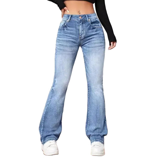 CommuterFlares™ Denim – Mid Waist Streetwear Flare Jeans | Vintage Wash Button-Up Spliced Pants for Women