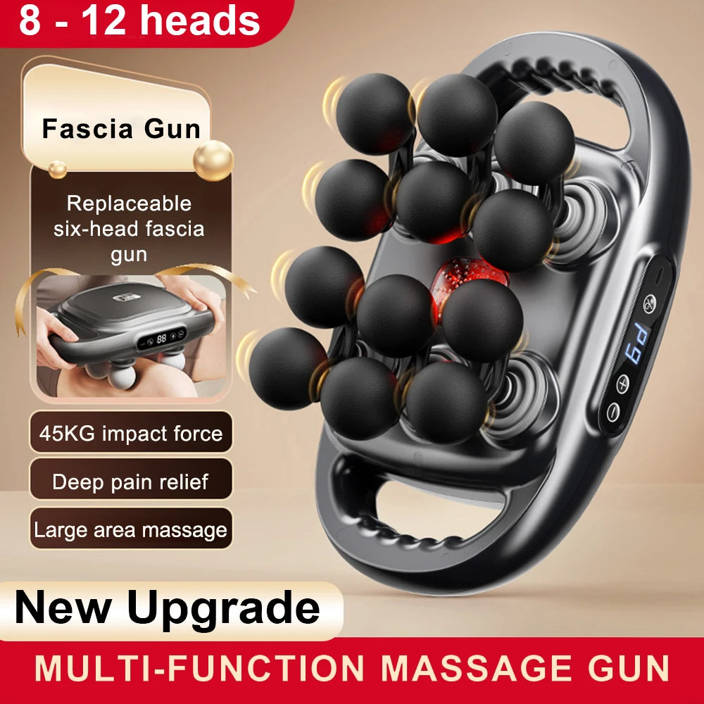Fascia Gun Deep Tissue Massage Gun – 12/8 Heads, High-Frequency Electric Muscle Massager for Neck, Back & Legs