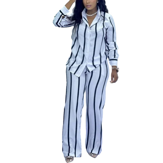 Stripe Two-Piece Set - Button-Up Long Sleeve Shirt & Wide Leg Pants | Women’s Spring Autumn Casual Outfit