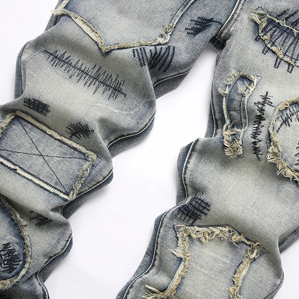 Men’s Bootcut Patchwork Jeans - Vintage Stacked Denim Jeans | Streetwear Embroidery Patched Released Hem Stacked Jeans