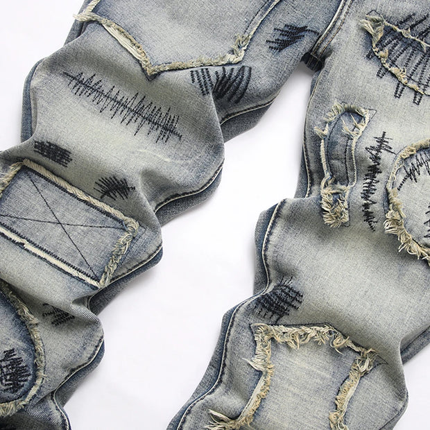 Men’s Bootcut Patchwork Jeans - Vintage Stacked Denim Jeans | Streetwear Embroidery Patched Released Hem Stacked Jeans