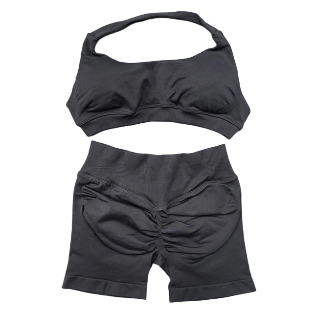 Seamless Yoga Set - 2 Piece Halter Sport Bra & Scrunch Bum Shorts - Breathable Quick-Dry Gym Outfit