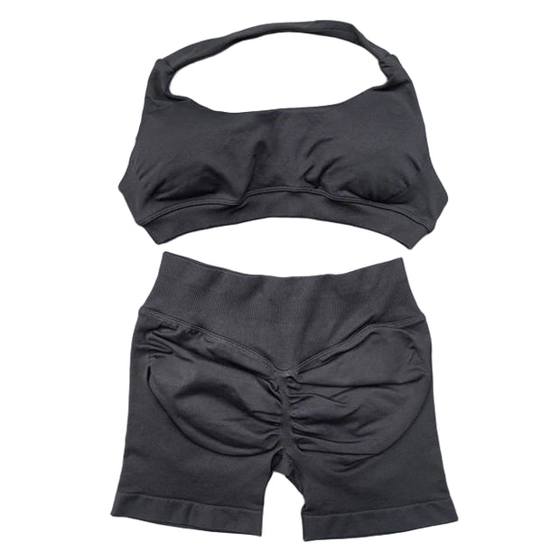 Seamless Yoga Set - 2 Piece Halter Sport Bra & Scrunch Bum Shorts - Breathable Quick-Dry Gym Outfit