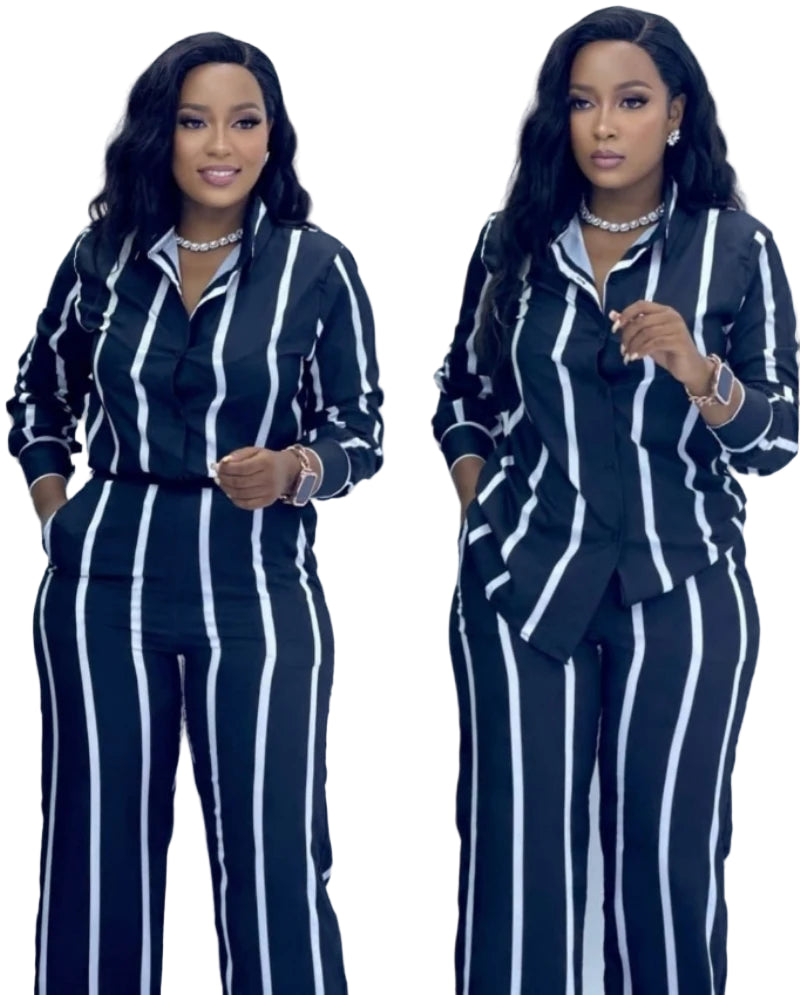 Stripe Two-Piece Set - Button-Up Long Sleeve Shirt & Wide Leg Pants | Women’s Spring Autumn Casual Outfit