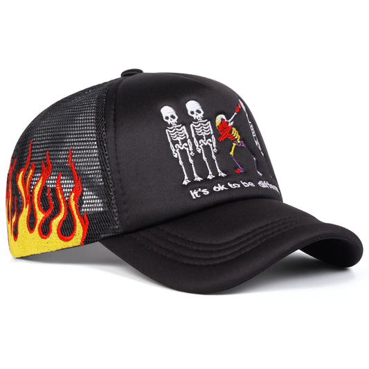 Skeleton Embroidered Flame Trucker Hat - "It’s OK to Be Different" Mesh Cap | Adjustable Summer Snapback