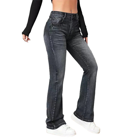 CommuterFlares™ Denim – Mid Waist Streetwear Flare Jeans | Vintage Wash Button-Up Spliced Pants for Women